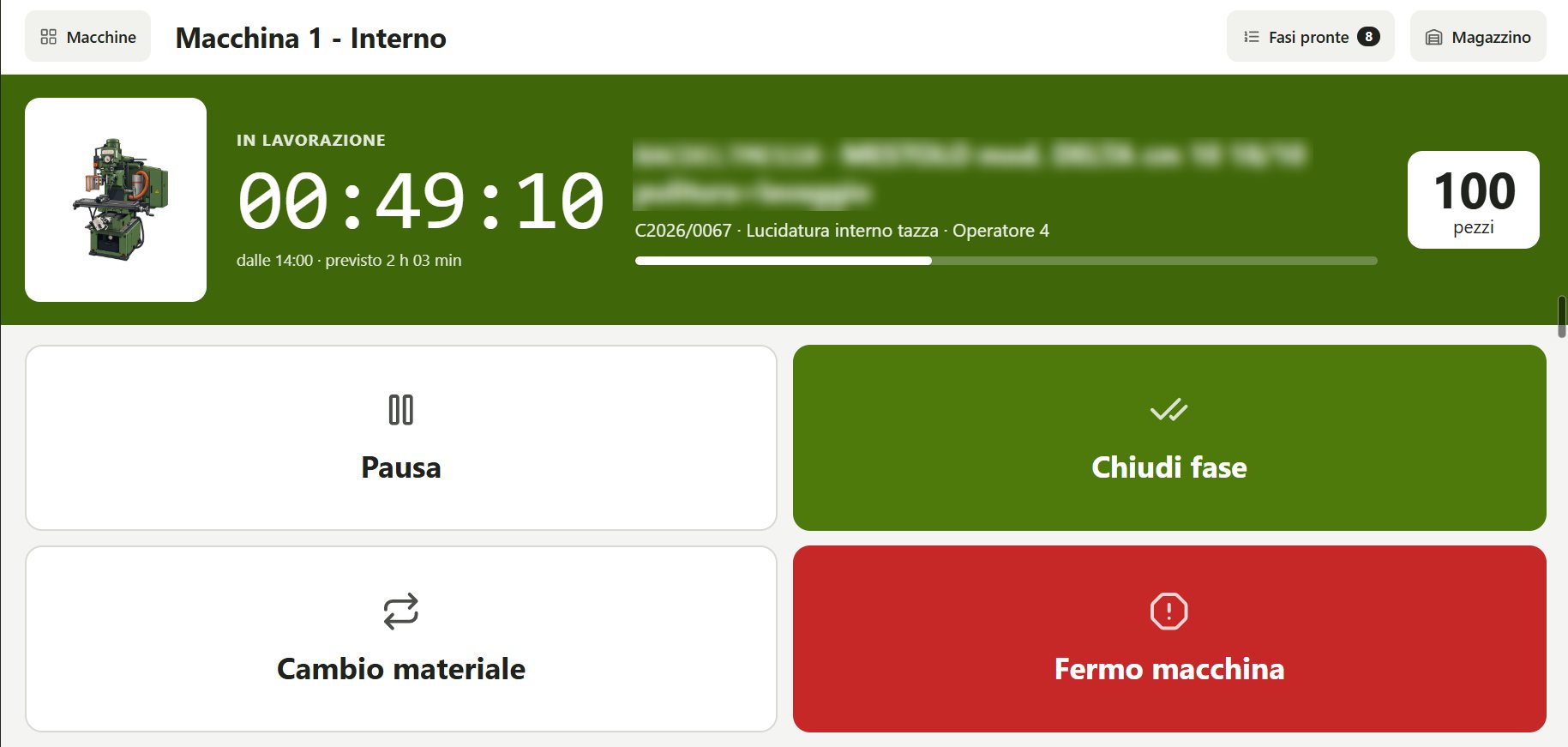 Gestionale di Olsano: il tablet in macchina con il tempo della fase e i pulsanti Pausa, Chiudi fase, Cambio materiale, Fermo macchina
