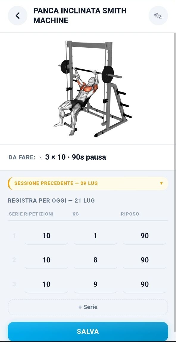 App di Thomas Bresciani: scheda di allenamento con serie, ripetizioni e carichi da registrare