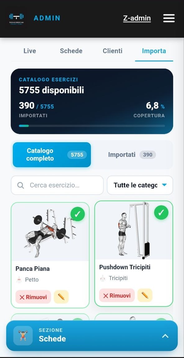 App di Thomas Bresciani: pannello admin con il catalogo esercizi da importare