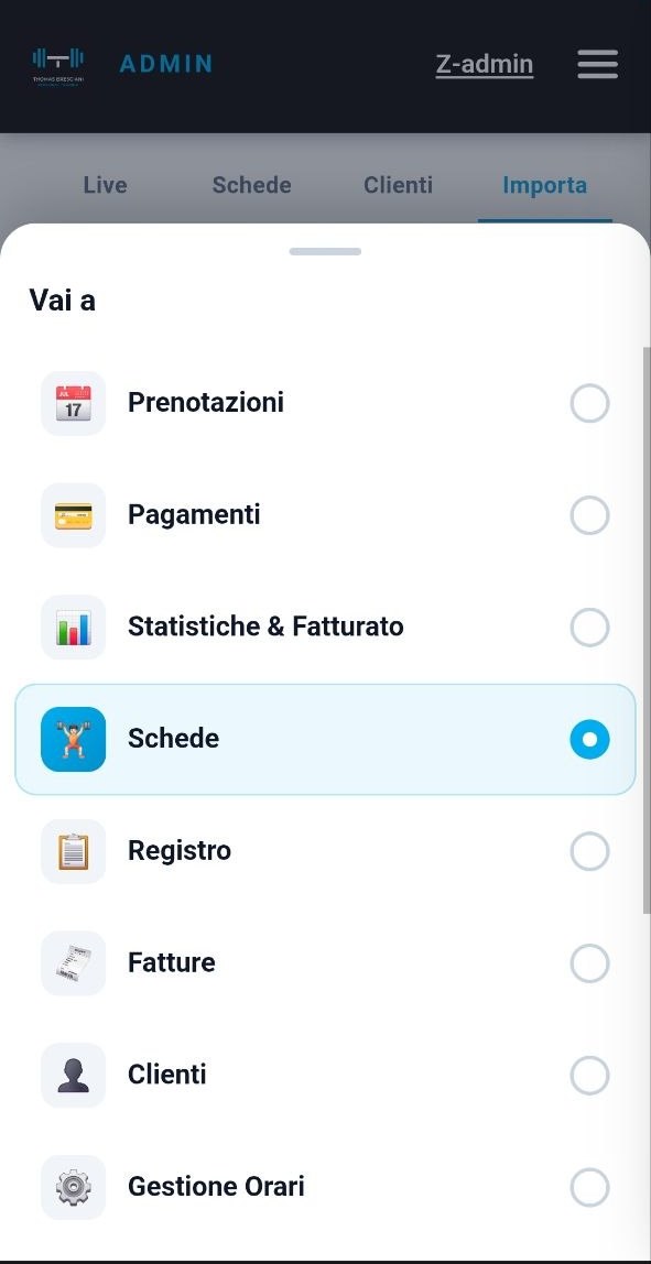 App di Thomas Bresciani: menu con prenotazioni, pagamenti, statistiche, schede, registro, fatture e clienti