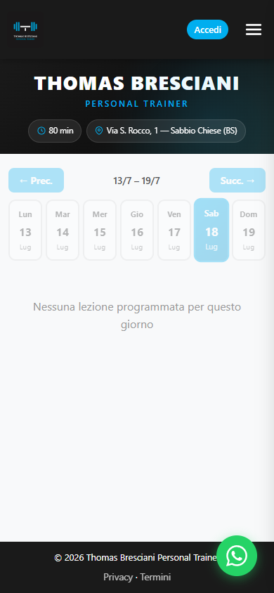 App di Thomas Bresciani: home con calendario settimanale delle sessioni